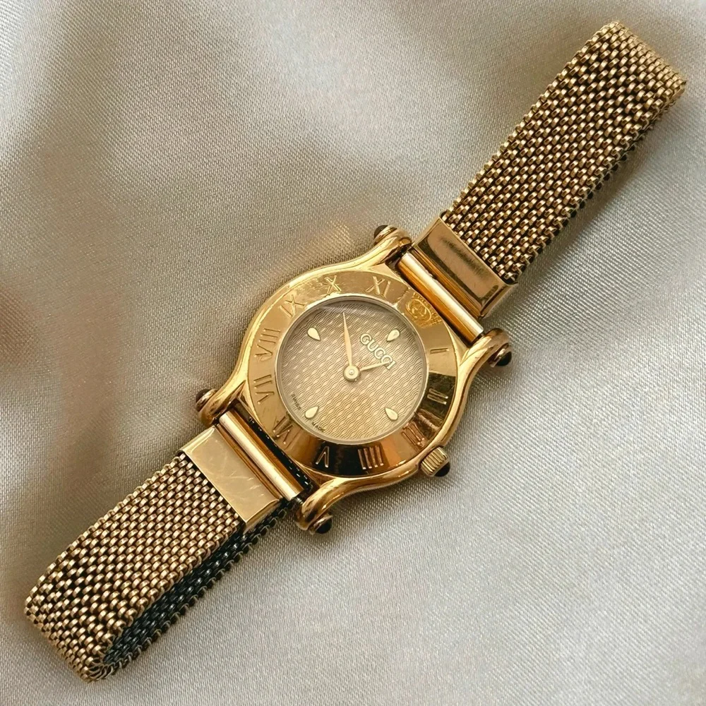 Gucci Gold Mesh Bracelet Watch with Roman Dial